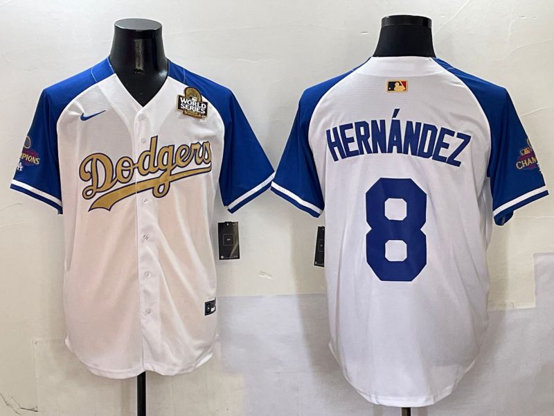 Men Los Angeles Dodgers 8 Hernandez White Blue Champion gold character Nike 2025 MLB Jersey style 5045